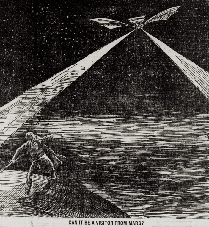 Engraved newspaper illustration of an airship casting beams of light over a figure, from The Saint Paul Globe, 1897