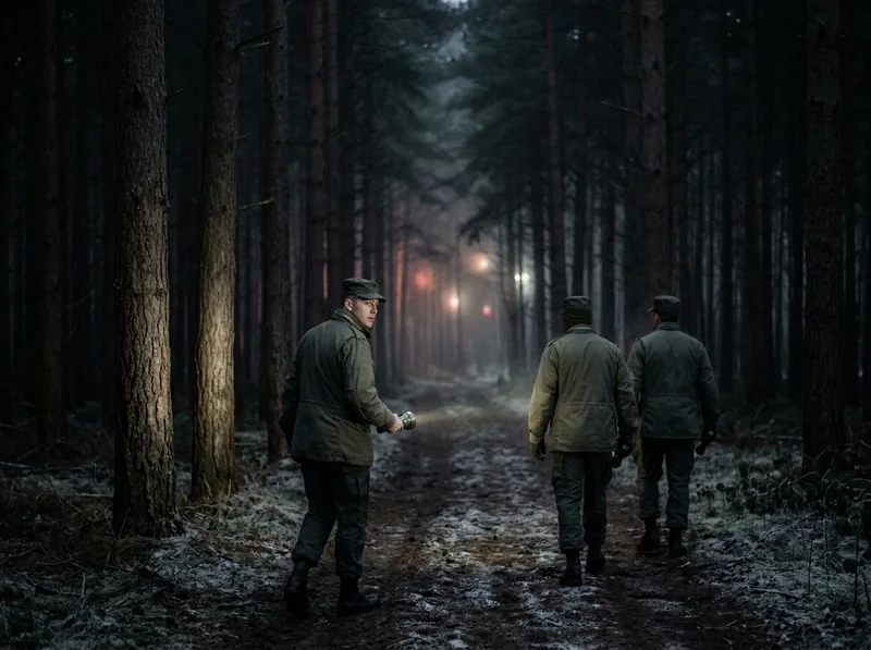 Reconstruction of personnel walking through a dark forest
